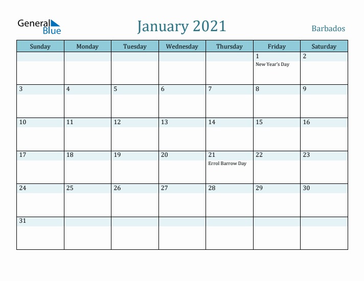 January 2021 Calendar with Holidays