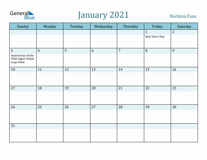 January 2021 Calendar with Holidays