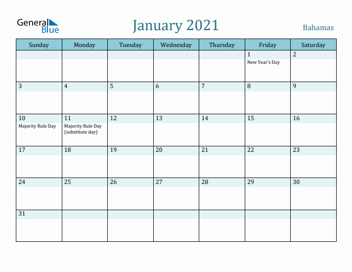 January 2021 Calendar with Holidays