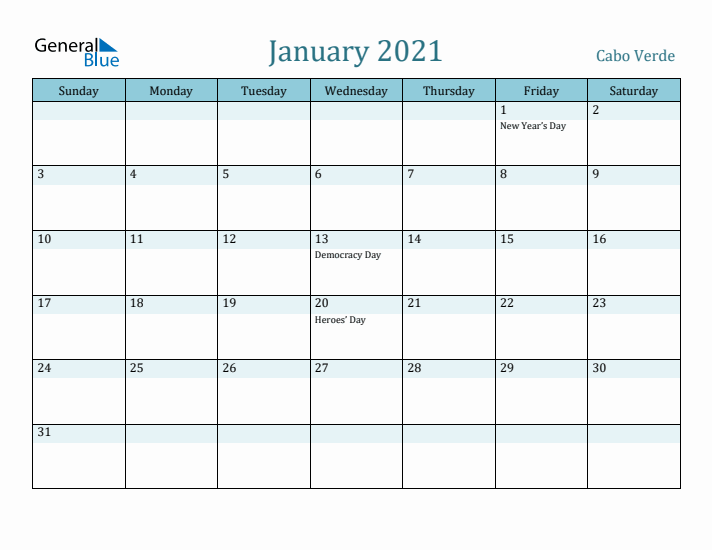 January 2021 Calendar with Holidays