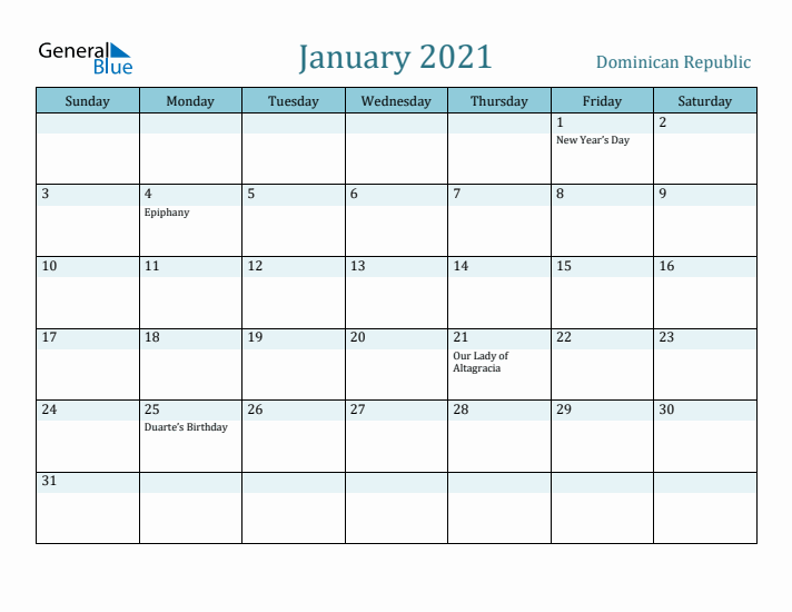 January 2021 Calendar with Holidays