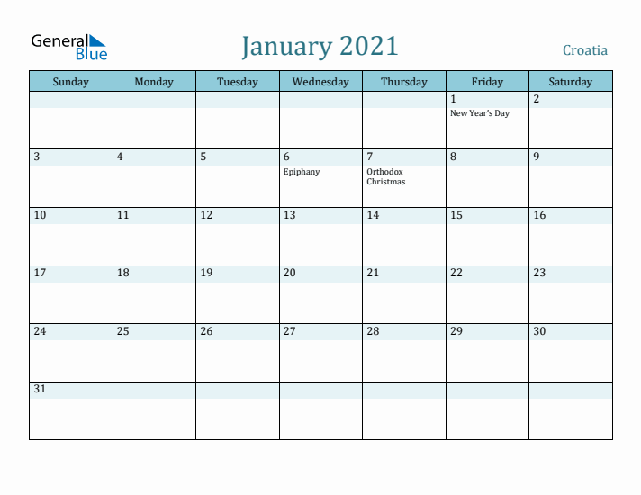 January 2021 Calendar with Holidays