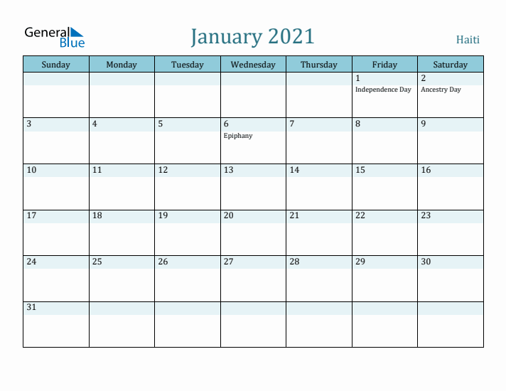 January 2021 Calendar with Holidays