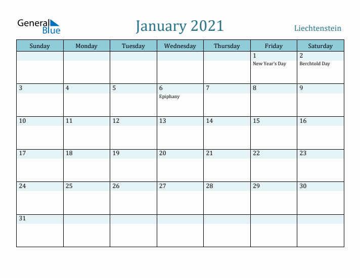 January 2021 Calendar with Holidays