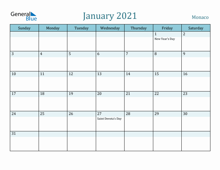 January 2021 Calendar with Holidays