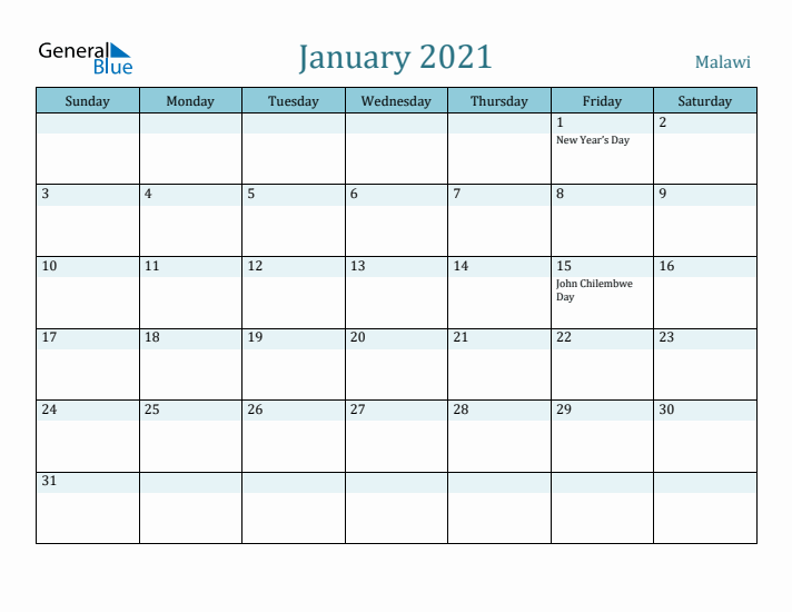 January 2021 Calendar with Holidays