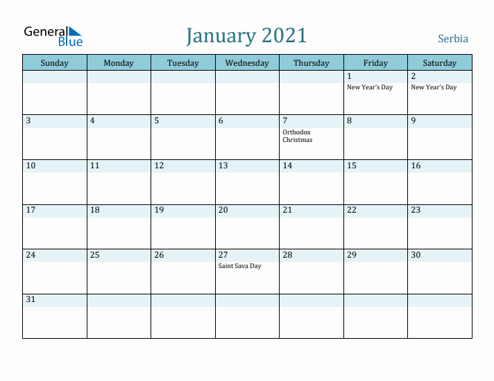 January 2021 Calendar with Holidays