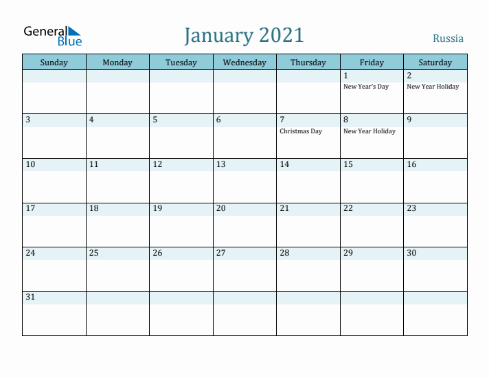 January 2021 Calendar with Holidays