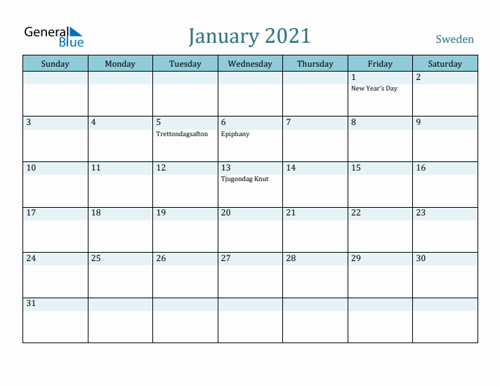 January 2021 Calendar with Holidays