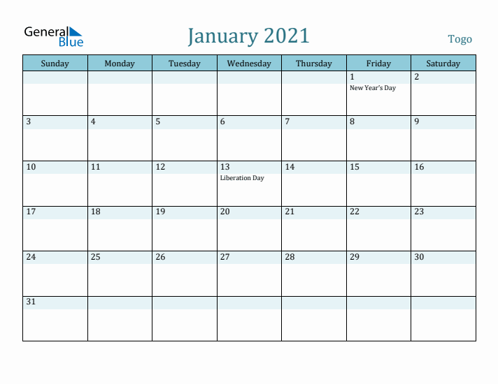 January 2021 Calendar with Holidays