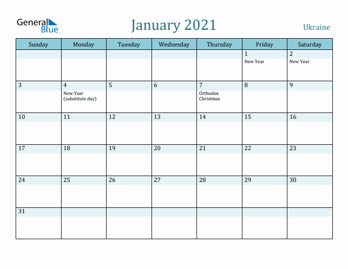 January 2021 Calendar with Holidays