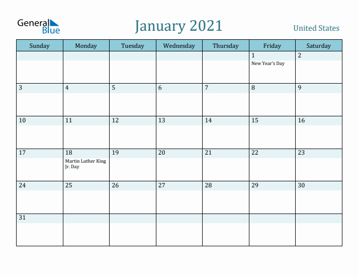 January 2021 Calendar with Holidays