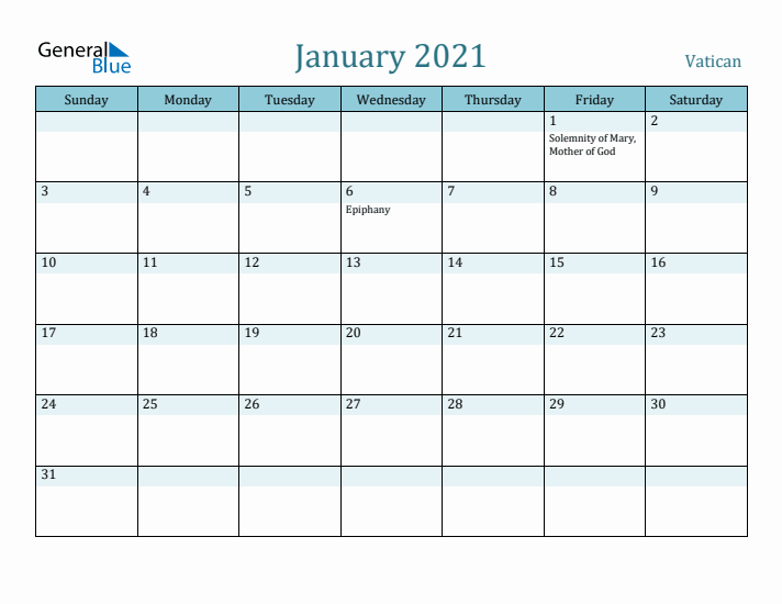 January 2021 Calendar with Holidays