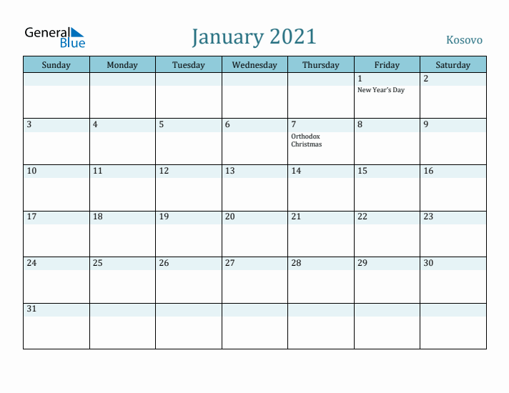 January 2021 Calendar with Holidays