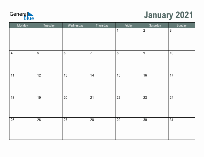 Free Printable January 2021 Calendar