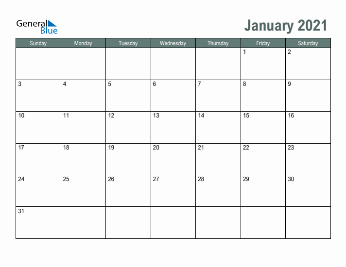 Free Printable January 2021 Calendar