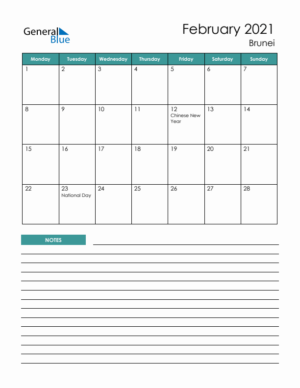 Calendar with Notes Printable - Monday Start