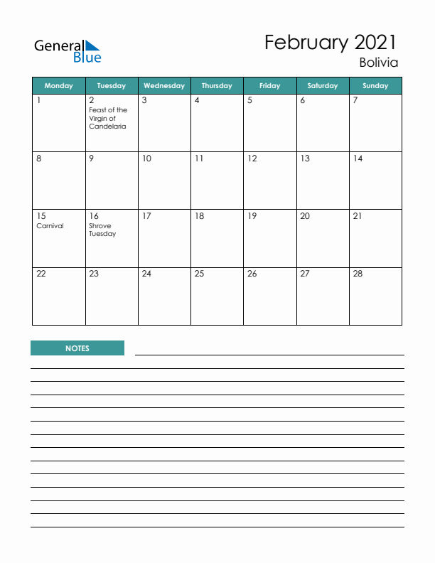 Calendar with Notes Printable - Monday Start