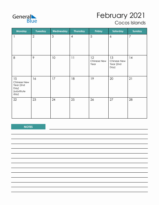 Calendar with Notes Printable - Monday Start