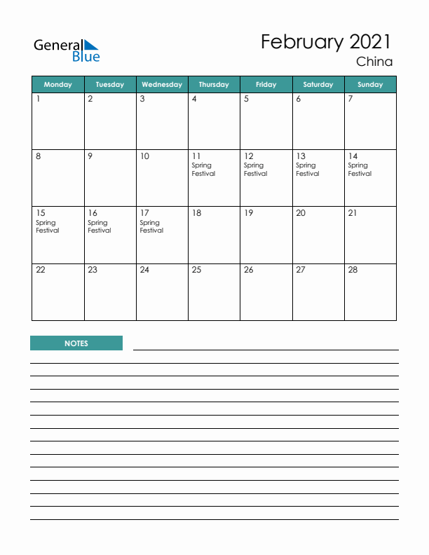 Calendar with Notes Printable - Monday Start