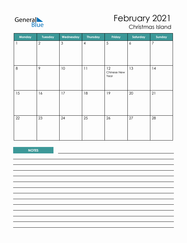 Calendar with Notes Printable - Monday Start