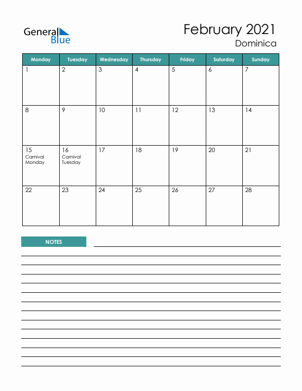 Calendar with Notes Printable - Monday Start