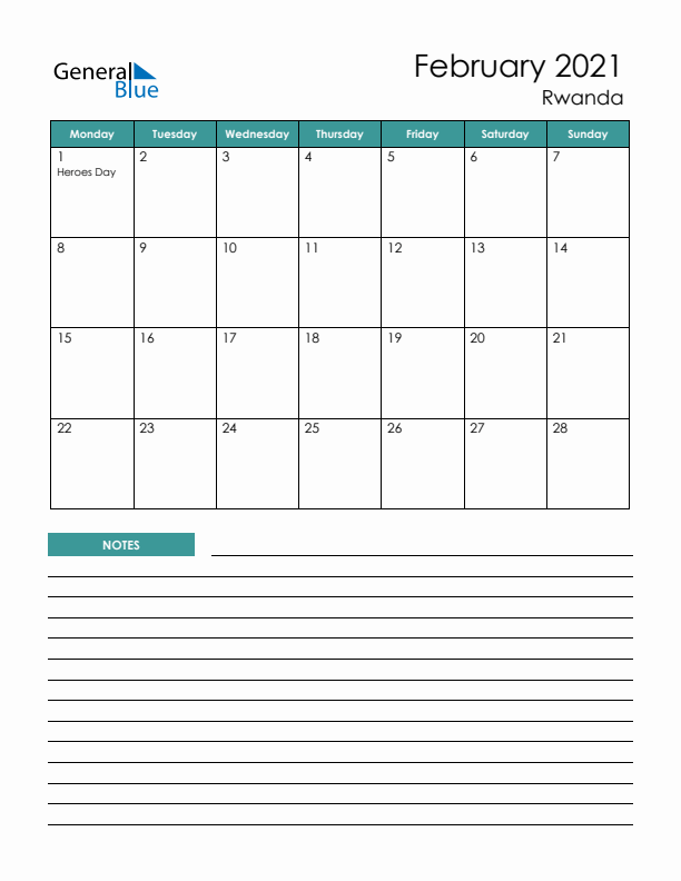 Calendar with Notes Printable - Monday Start