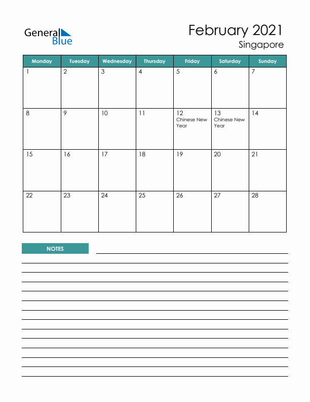 Calendar with Notes Printable - Monday Start