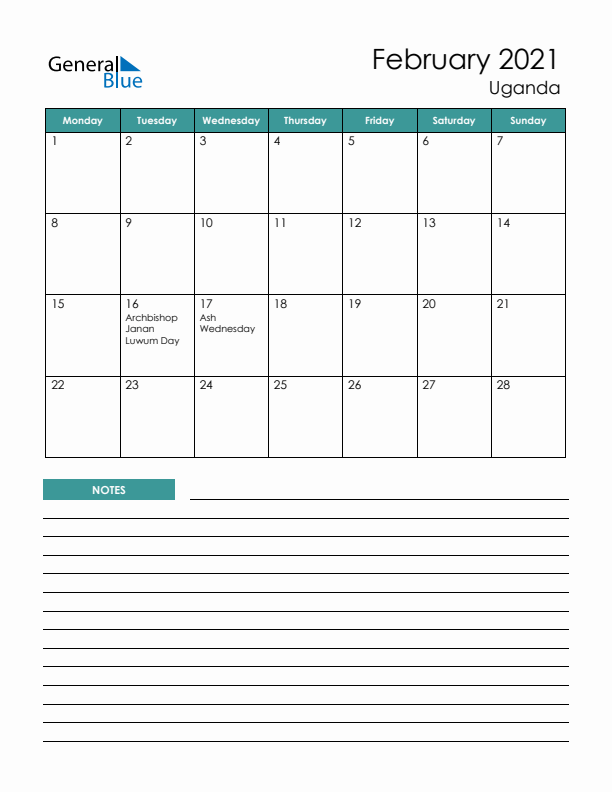 Calendar with Notes Printable - Monday Start