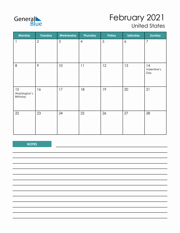 Calendar with Notes Printable - Monday Start