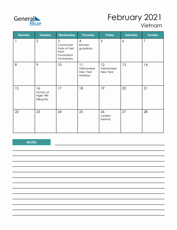 Calendar with Notes Printable - Monday Start