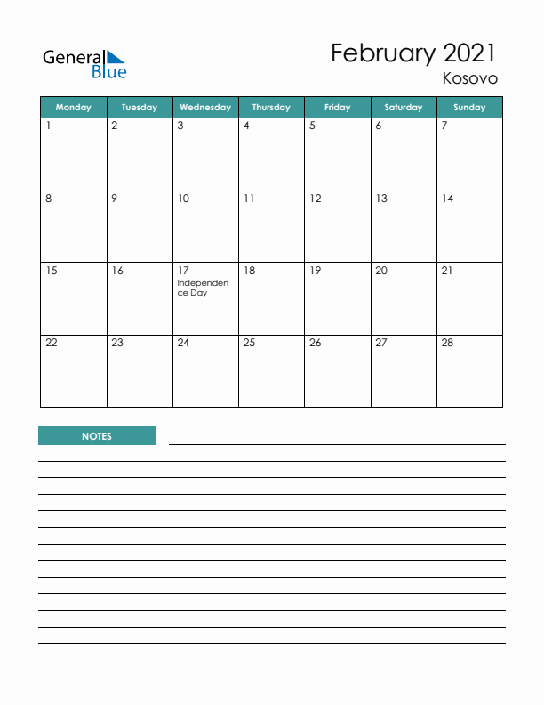 Calendar with Notes Printable - Monday Start