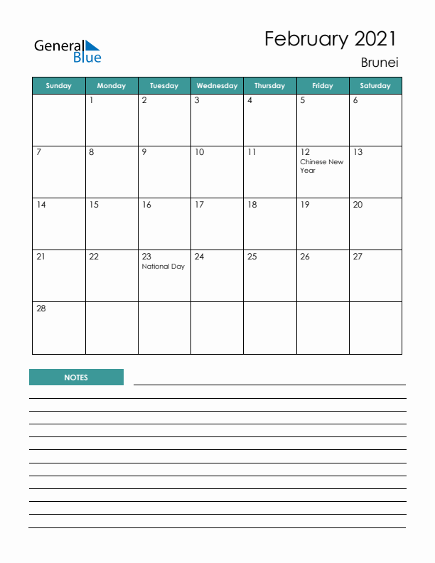 Calendar with Notes Printable - Sunday Start