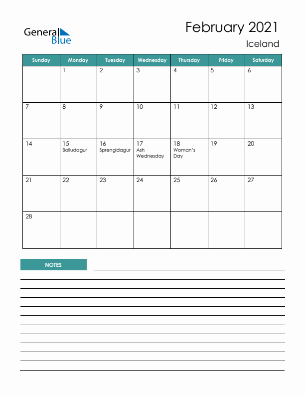 Calendar with Notes Printable - Sunday Start