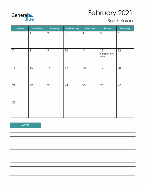 Calendar with Notes Printable - Sunday Start