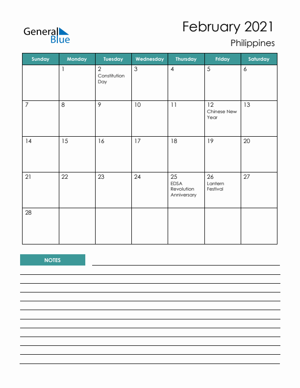 Calendar with Notes Printable - Sunday Start