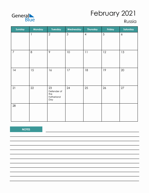 Calendar with Notes Printable - Sunday Start