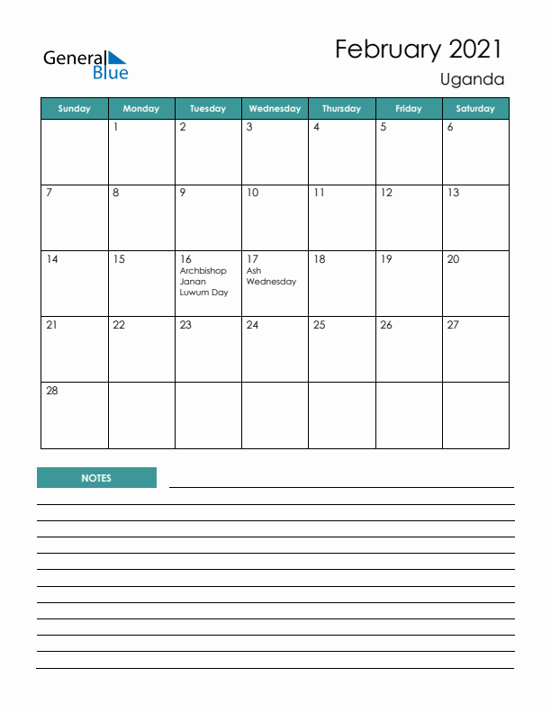 Calendar with Notes Printable - Sunday Start