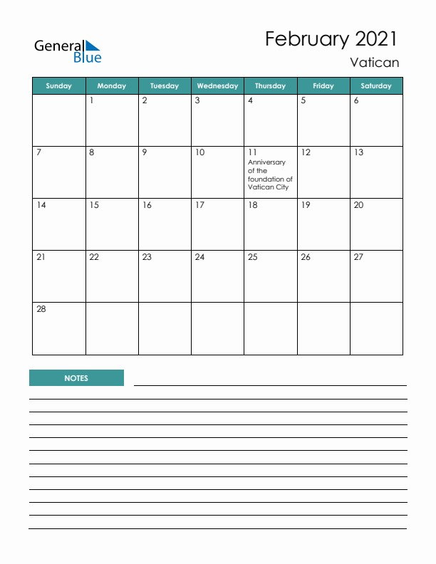 Calendar with Notes Printable - Sunday Start