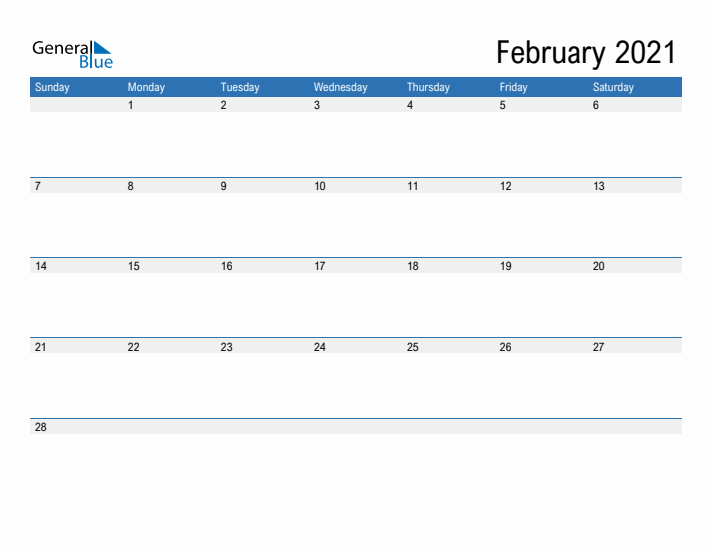 Fillable Calendar for February 2021