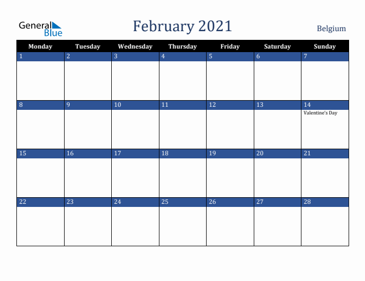 February 2021 Belgium Calendar (Monday Start)