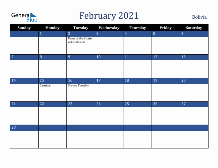 February 2021 Bolivia Calendar (Sunday Start)