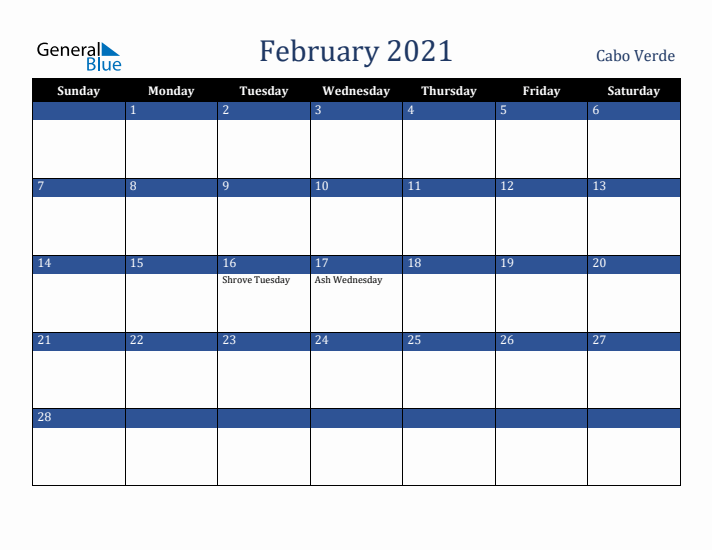 February 2021 Cabo Verde Calendar (Sunday Start)