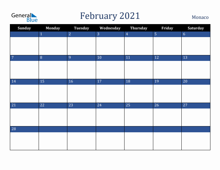 February 2021 Monaco Calendar (Sunday Start)