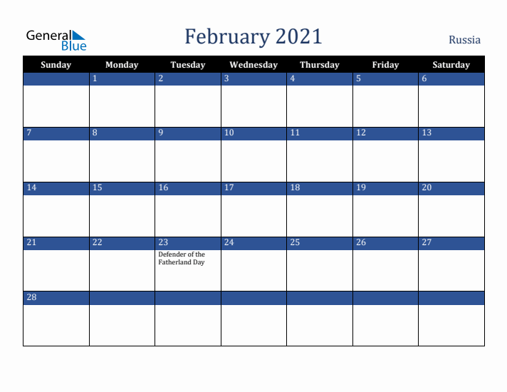 February 2021 Russia Calendar (Sunday Start)