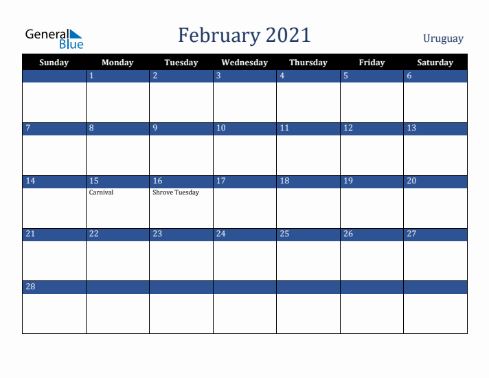 February 2021 Uruguay Calendar (Sunday Start)