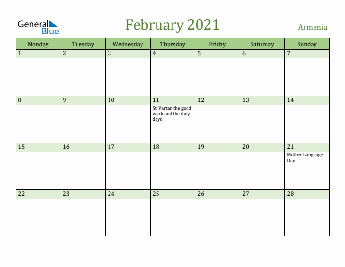 February 2021 Calendar with Armenia Holidays