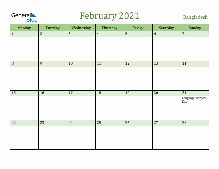 February 2021 Calendar with Bangladesh Holidays