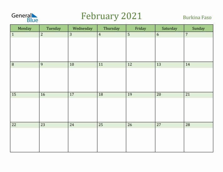 February 2021 Calendar with Burkina Faso Holidays