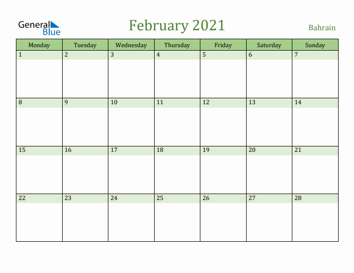 February 2021 Calendar with Bahrain Holidays